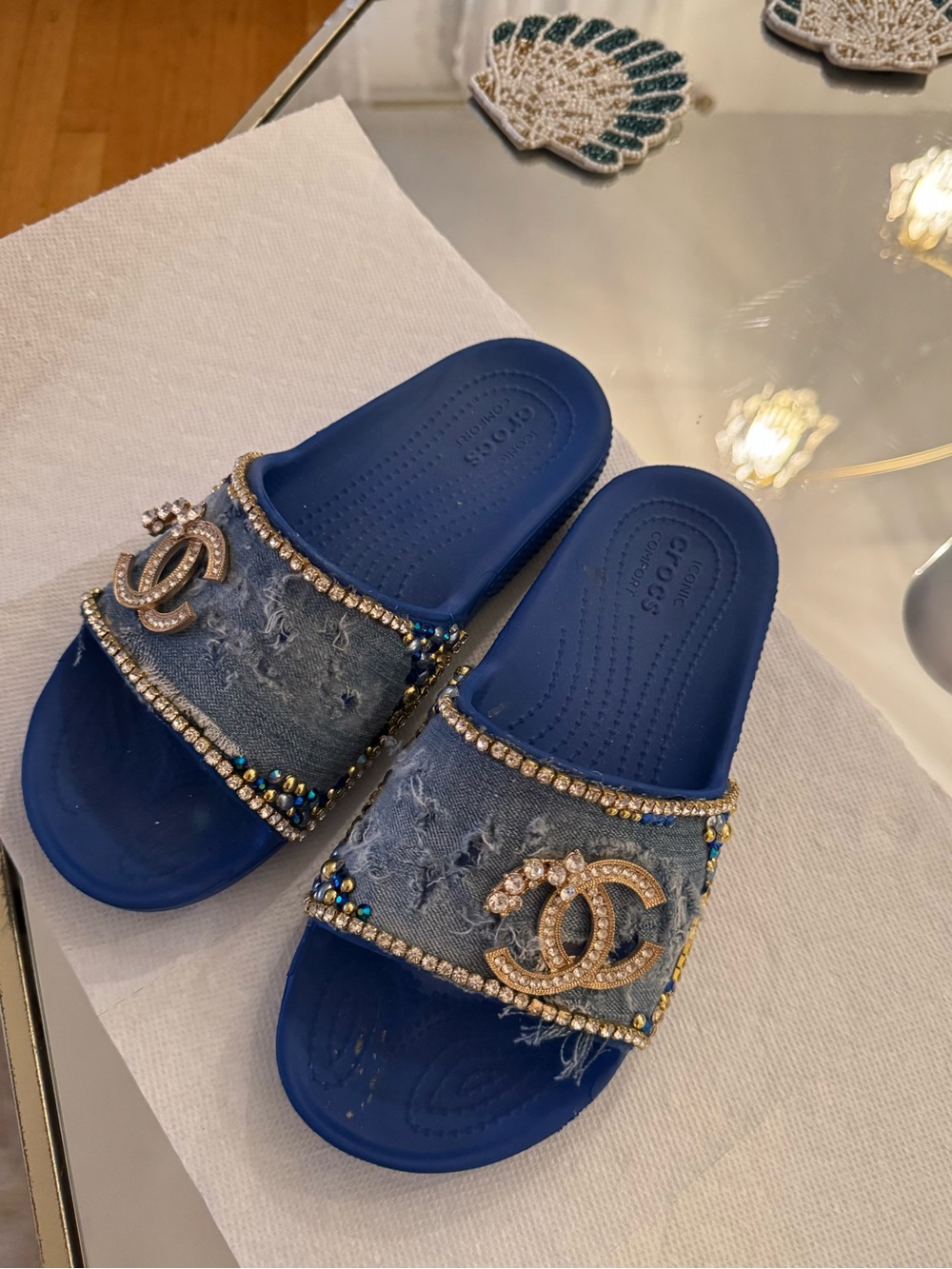 Chic Blue Embellished Kids Slide Sandals - Denim Strap